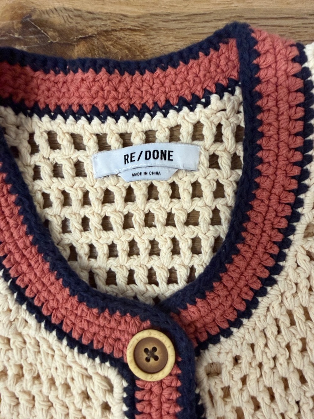 Re/Done 100% Cotton Crochet Crew Neck Vest with Red Trim - Picture 2 of 7